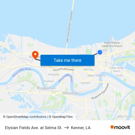 Elysian Fields Ave. at Selma St. to Kenner, LA map