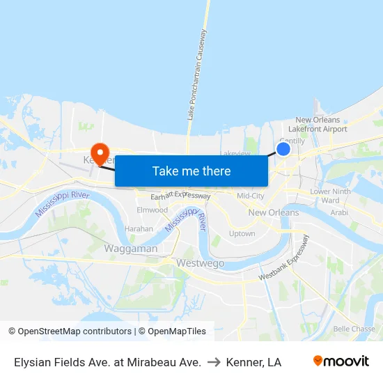 Elysian Fields Ave. at Mirabeau Ave. to Kenner, LA map