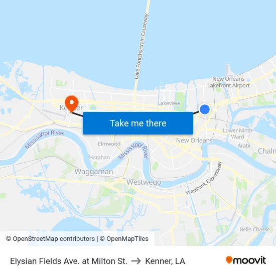 Elysian Fields Ave. at Milton St. to Kenner, LA map