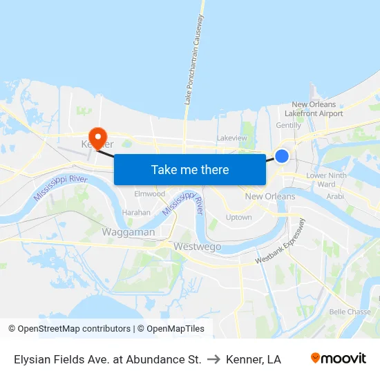 Elysian Fields Ave. at Abundance St. to Kenner, LA map