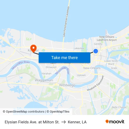 Elysian Fields Ave. at Milton St. to Kenner, LA map