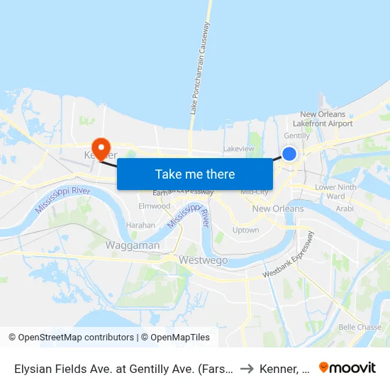 Elysian Fields Ave. at Gentilly Ave. (Farside) to Kenner, LA map