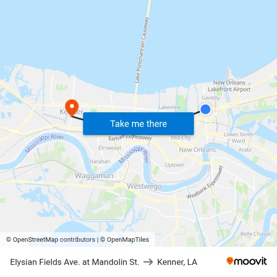 Elysian Fields Ave. at Mandolin St. to Kenner, LA map