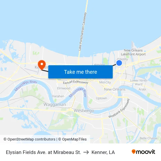 Elysian Fields Ave. at Mirabeau St. to Kenner, LA map