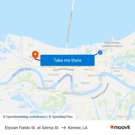 Elysian Fields St. at Selma St. to Kenner, LA map