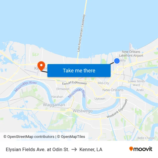 Elysian Fields Ave. at Odin St. to Kenner, LA map
