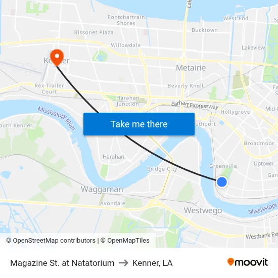 Magazine St. at Natatorium to Kenner, LA map