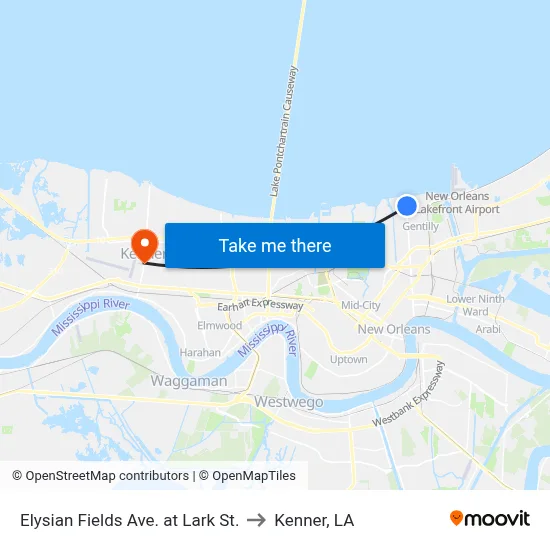Elysian Fields Ave. at Lark St. to Kenner, LA map