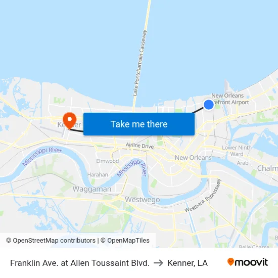 Franklin Ave. at Allen Toussaint Blvd. to Kenner, LA map