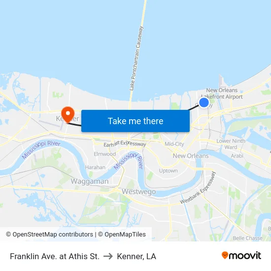 Franklin Ave. at Athis St. to Kenner, LA map