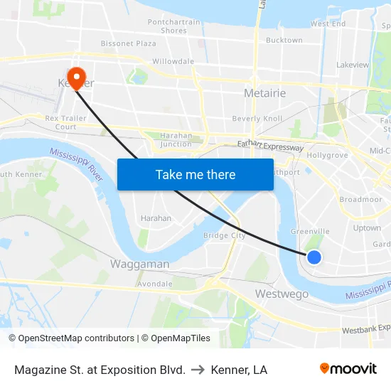 Magazine St. at Exposition Blvd. to Kenner, LA map