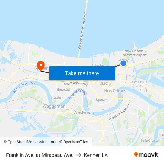 Franklin Ave. at Mirabeau Ave. to Kenner, LA map