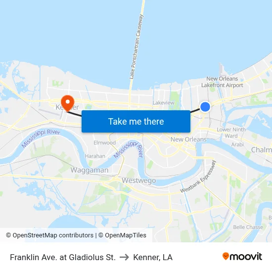 Franklin Ave. at Gladiolus St. to Kenner, LA map