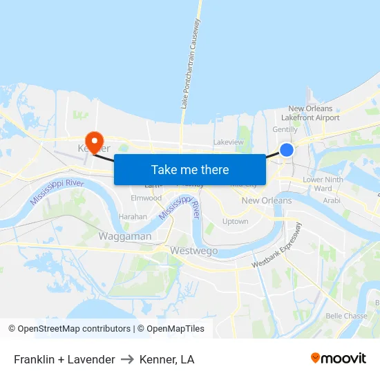 Franklin + Lavender to Kenner, LA map