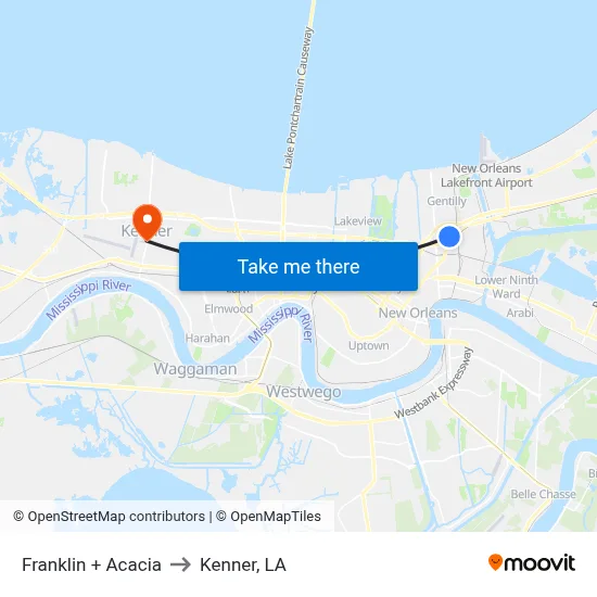 Franklin + Acacia to Kenner, LA map