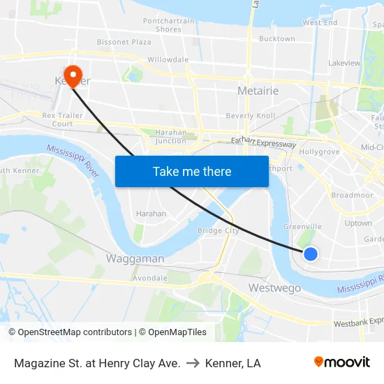 Magazine St. at Henry Clay Ave. to Kenner, LA map