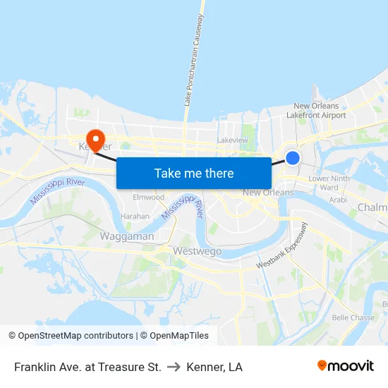 Franklin Ave. at Treasure St. to Kenner, LA map