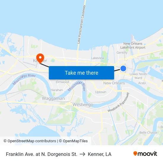 Franklin Ave. at N. Dorgenois St. to Kenner, LA map