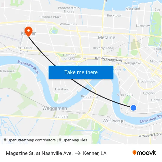 Magazine St. at Nashville Ave. to Kenner, LA map
