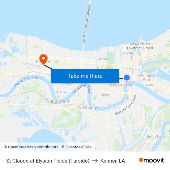 St Claude at Elysian Fields (Farside) to Kenner, LA map