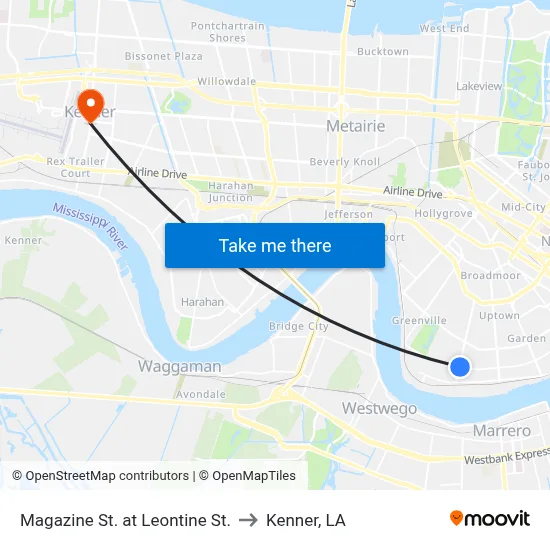 Magazine St. at Leontine St. to Kenner, LA map