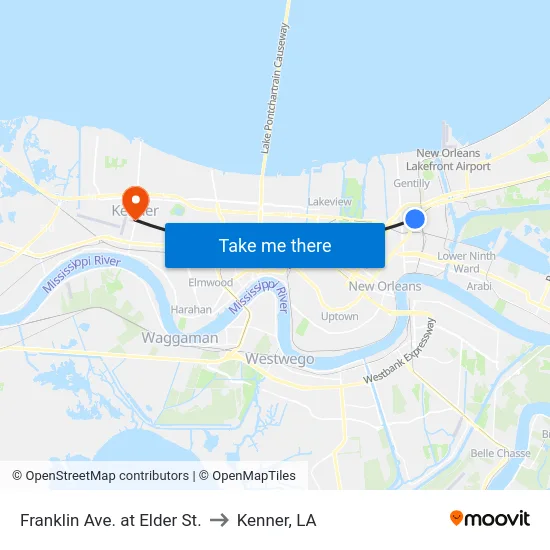 Franklin Ave. at Elder St. to Kenner, LA map