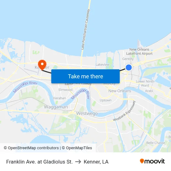 Franklin Ave. at Gladiolus St. to Kenner, LA map