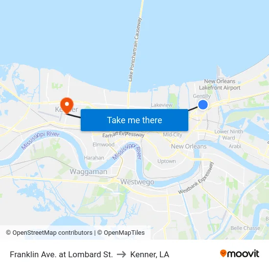 Franklin Ave. at Lombard St. to Kenner, LA map