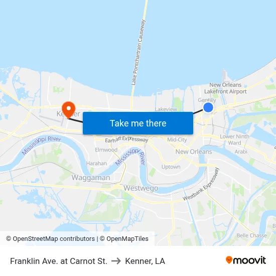 Franklin Ave. at Carnot St. to Kenner, LA map