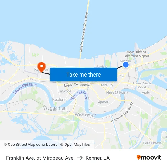 Franklin Ave. at Mirabeau Ave. to Kenner, LA map
