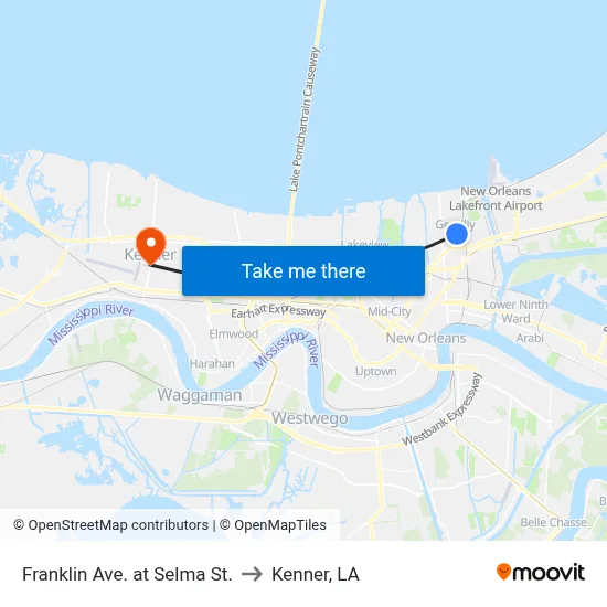 Franklin Ave. at Selma St. to Kenner, LA map