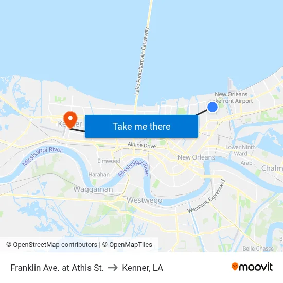 Franklin Ave. at Athis St. to Kenner, LA map