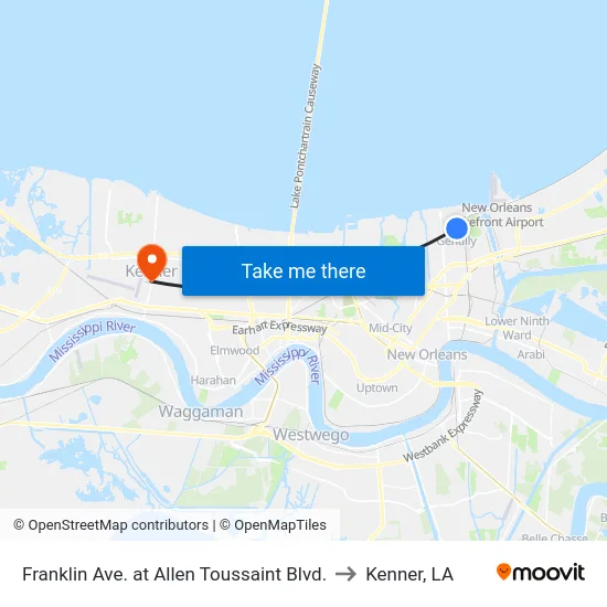 Franklin Ave. at Allen Toussaint Blvd. to Kenner, LA map