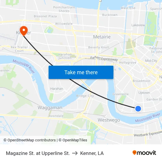 Magazine St. at Upperline St. to Kenner, LA map