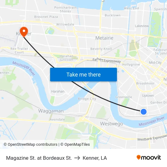 Magazine St. at Bordeaux St. to Kenner, LA map