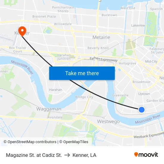 Magazine St. at Cadiz St. to Kenner, LA map