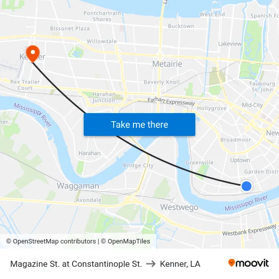 Magazine St. at Constantinople St. to Kenner, LA map