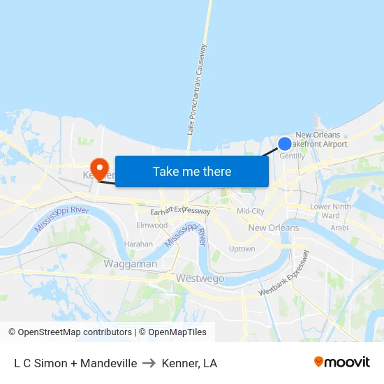 L C Simon + Mandeville to Kenner, LA map
