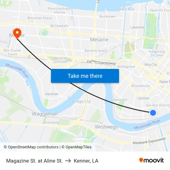 Magazine St. at Aline St. to Kenner, LA map