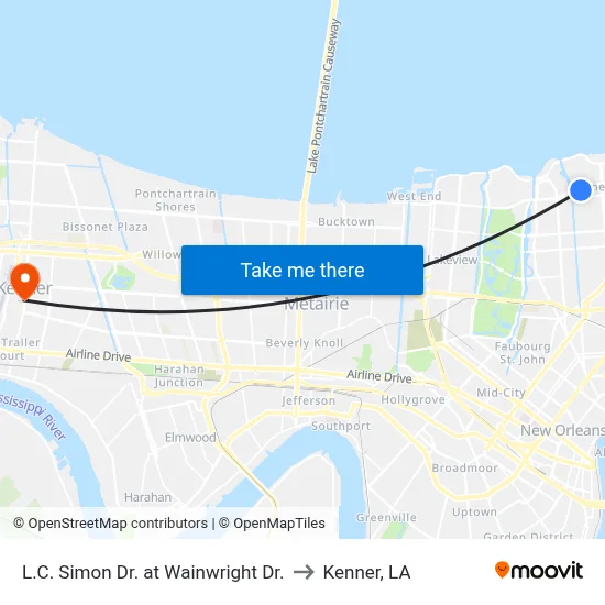 L.C. Simon Dr. at Wainwright Dr. to Kenner, LA map