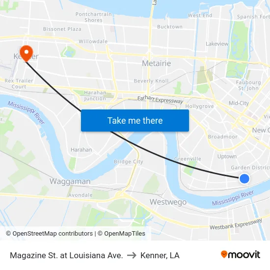 Magazine St. at Louisiana Ave. to Kenner, LA map