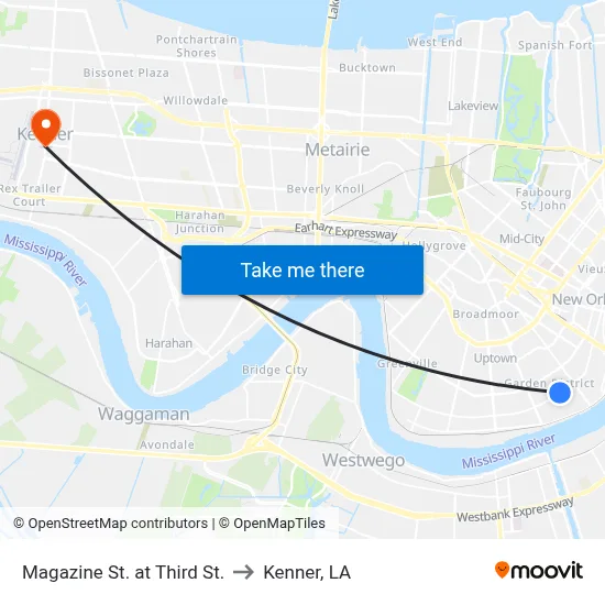 Magazine St. at Third St. to Kenner, LA map