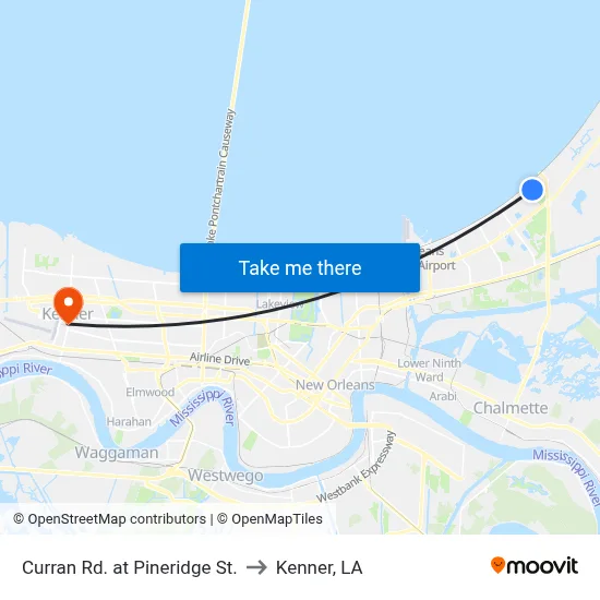 Curran Rd. at Pineridge St. to Kenner, LA map