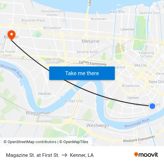 Magazine St. at First St. to Kenner, LA map