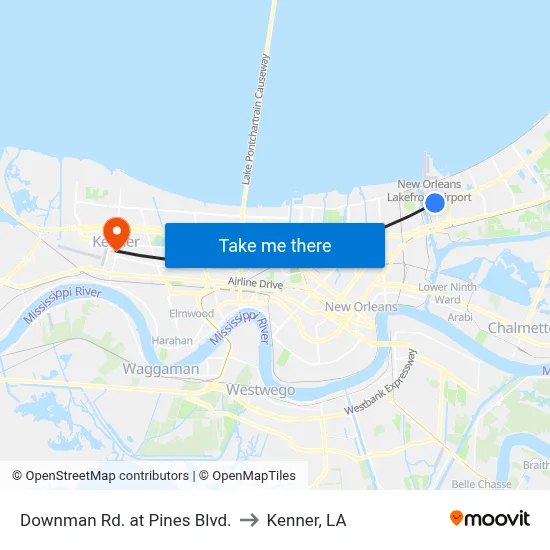 Downman Rd. at Pines Blvd. to Kenner, LA map