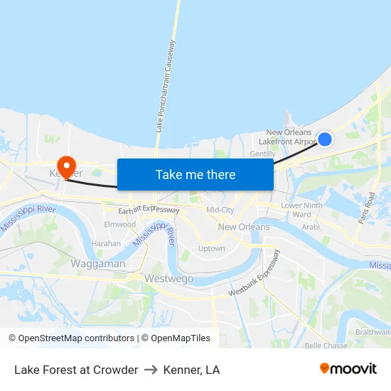 Lake Forest at Crowder to Kenner, LA map