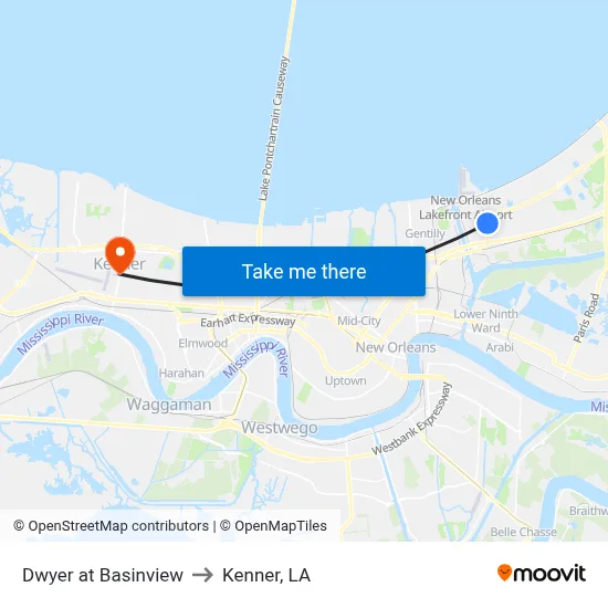 Dwyer at Basinview to Kenner, LA map