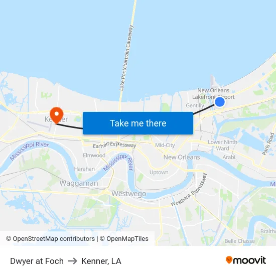 Dwyer at Foch to Kenner, LA map