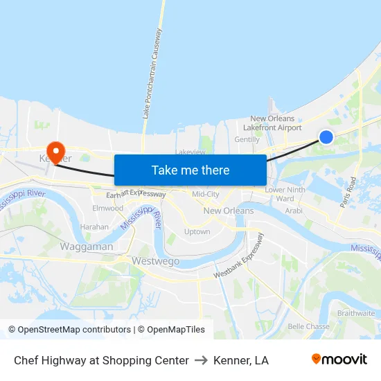 Chef Highway at Shopping Center to Kenner, LA map