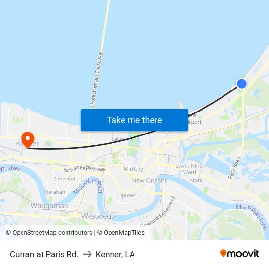 Curran at Paris Rd. to Kenner, LA map